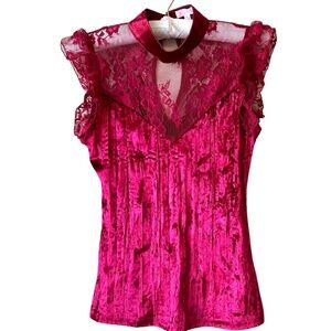 Red Velveteen and Lace Ruffle Top High Neck Keyhole Back by Agaci Size Small